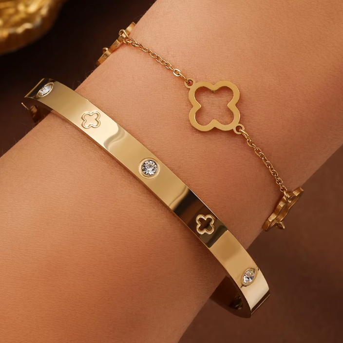 Duo de Bracelets Trèfle et Jonc Doré