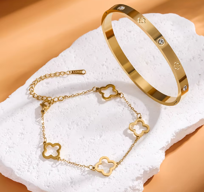 Duo de Bracelets Trèfle et Jonc Doré